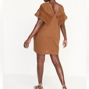 Old Navy Women Mini Dress 2X Swing Brown Cotton Casual Cottagecore Boho Flowy